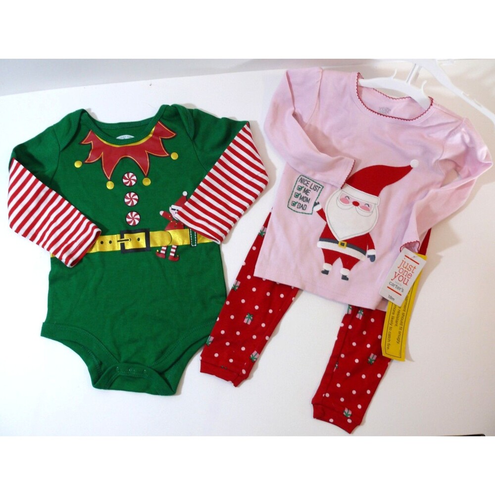 BABY BUNDLE: Carters Christmas 2 pc santa list tights + stripe elf 1pc shirt 18M